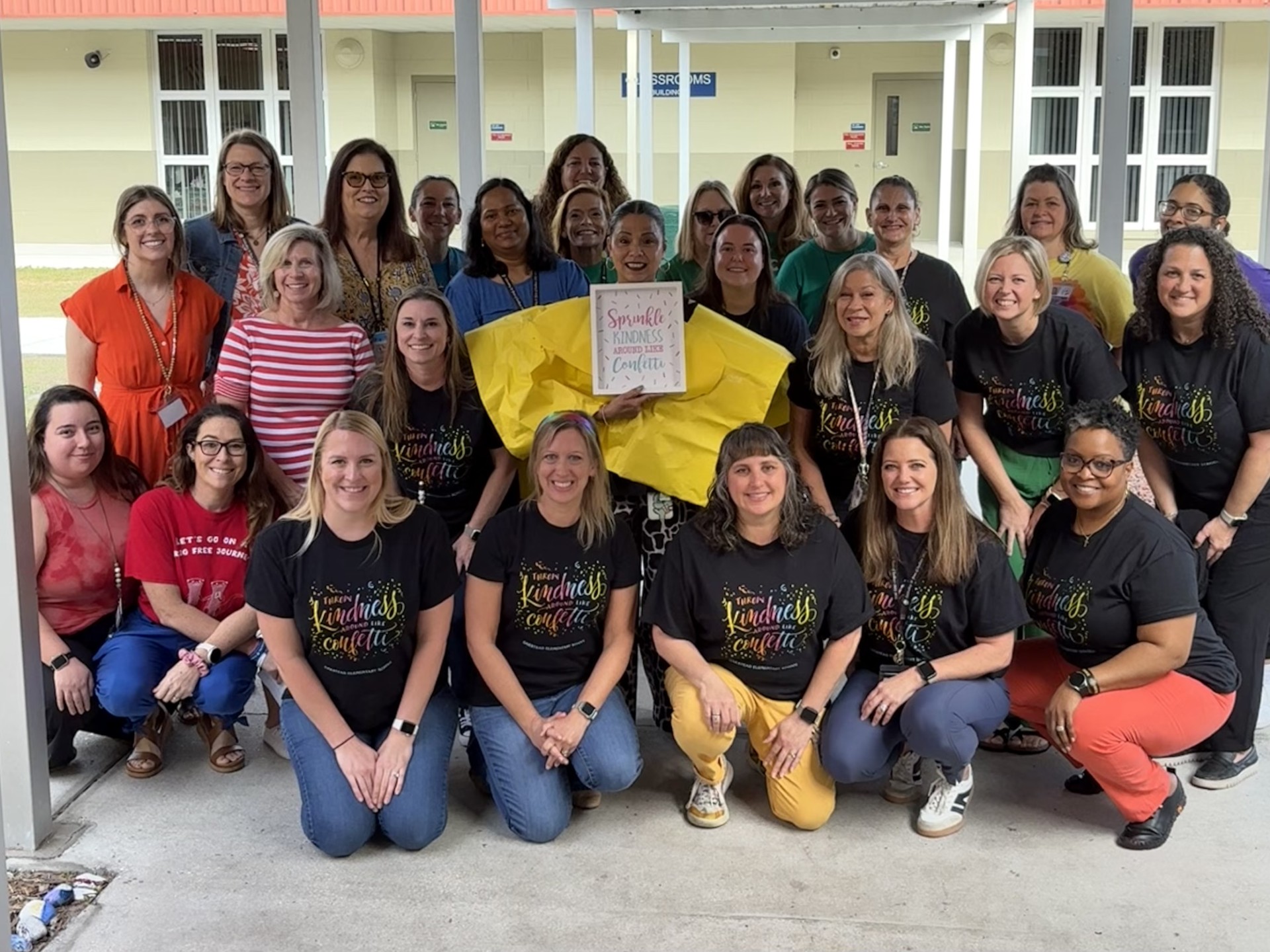 Staff Kindness Photo - <p>OES is continuing to celebrate our February Kindness Month. We loved seeing our students this week dressed in the colors of the rainbow while our staff members are “throwing kindness around like confetti!”</p>